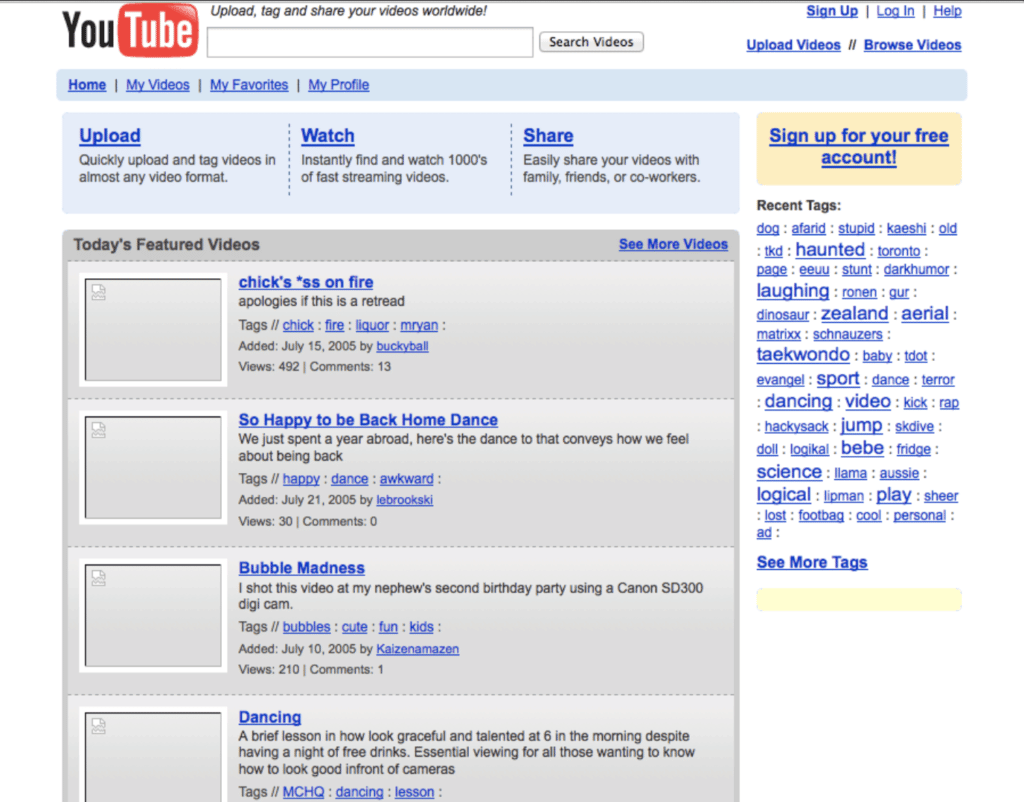 page accueil youtube en 2005