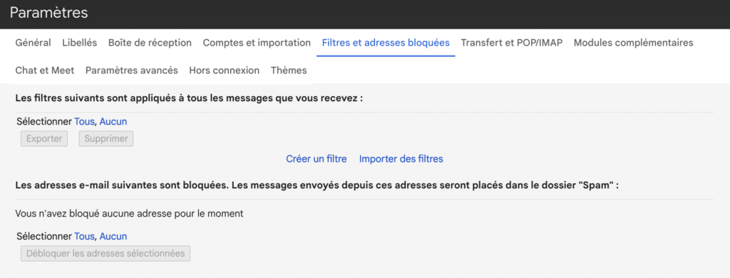 filtrer expediteur pour bloquer adresse mail sur gmail